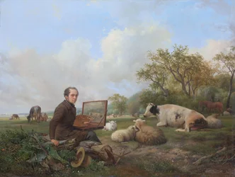 El pintor mismo, pintando en un paisaje de pradera con ganado